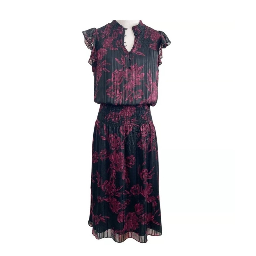 NWT WHBM Smocked Waist Midi‎ Ruffle Black Floral Shimmer Black Dahlia High Neck - Picture 4 of 9